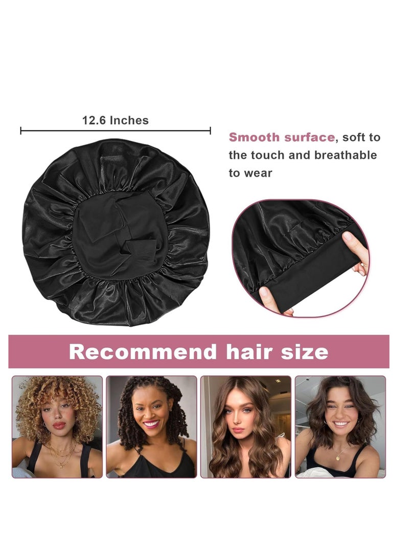 2pcs Satin Elastic Band Sleep Caps, Skin-Friendly Breathable Soft Polyester Silk Wide Hat, Curly Wrap Sleep Caps For All Length Thick Curly Hair (Black+Blue)  - Image 4