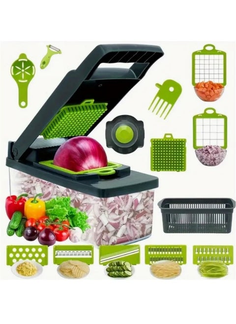 16 in 1 Multifunctional Professional Vegetable Onion Grater - Includes 8 Stainless Steel Blades to Easily Chop Vegetables, Onions, and Fruits, Comes with Storage Container and Cleaning Accessories, Perfect for Cutting Potato Chips and Preparing Meals in Different Shapes, Handheld Kitchen Tool to Meet All Your Cooking Needs - Potato Chips Grater and Slicer - Multicolor (Random)