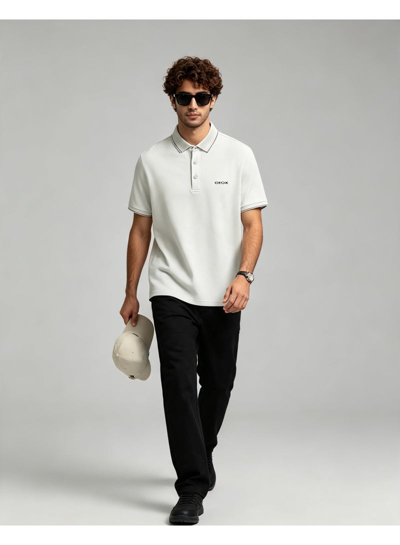 GEOX Men Classic Striped Collar Short Sleeve Polo Shirt Daily Business Casual Wear Light Beige Grey - Image 3