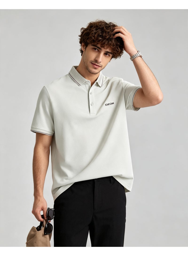GEOX Men Classic Striped Collar Short Sleeve Polo Shirt Daily Business Casual Wear Light Beige Grey - Image 1