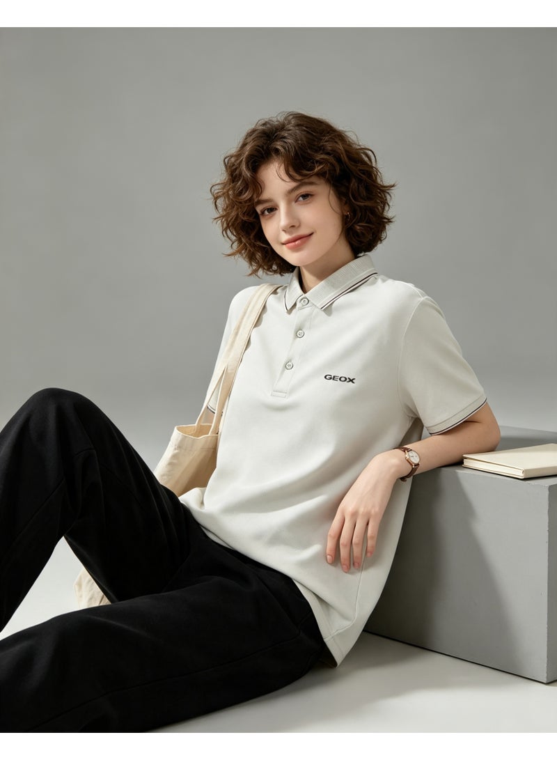GEOX Men Classic Striped Collar Short Sleeve Polo Shirt Daily Business Casual Wear Light Beige Grey - Image 2