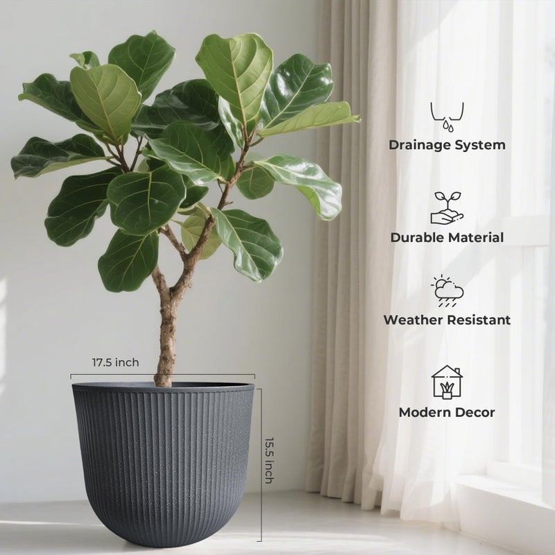 WORTH Garden Round Large Planter Pot 1-Pack - 17.5" Dia x 15.5" H - Durable Plastic Grey Plant Tree Pots with Vertical Stripe Textured Finish, Drainage Hole for Indoor, Outdoor, Front Porch, Patio - Image 2