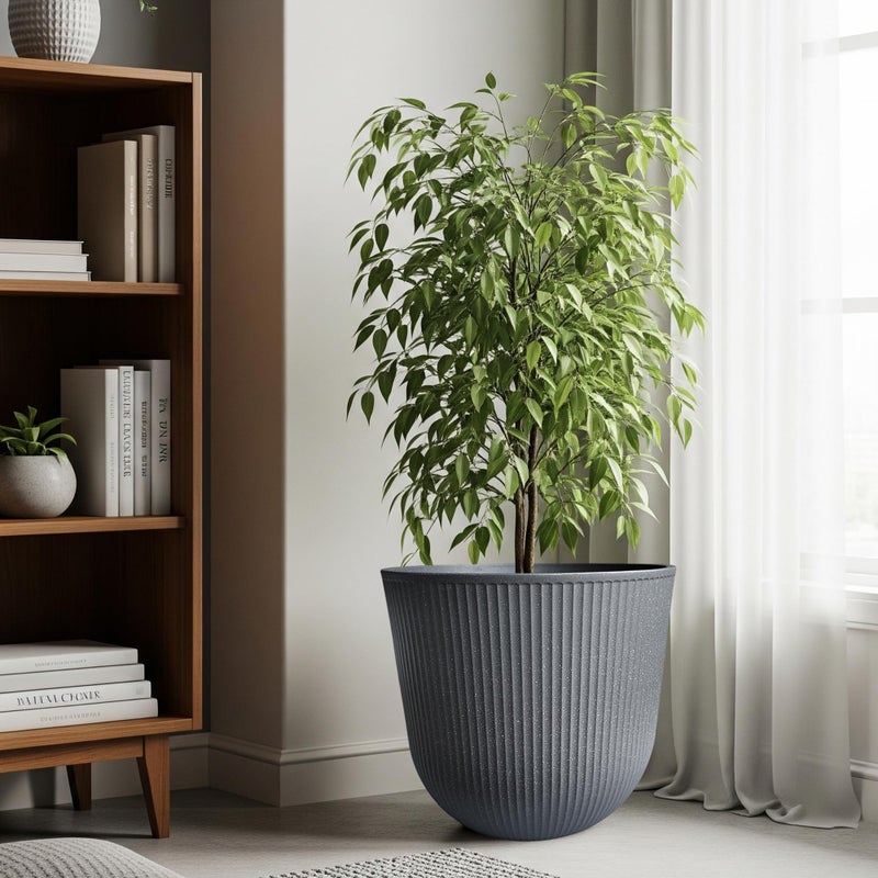 WORTH Garden Round Large Planter Pot 1-Pack - 17.5" Dia x 15.5" H - Durable Plastic Grey Plant Tree Pots with Vertical Stripe Textured Finish, Drainage Hole for Indoor, Outdoor, Front Porch, Patio - Image 5