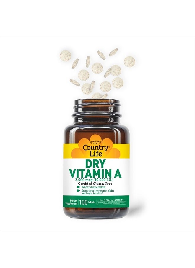 Country Life - Dry Vitamin A, Supports Immune, Skin & Eye Health, 10,000 IU, 100 Tablets, Certified Gluten Free, Certified Vegan, Certified Halal - Image 1