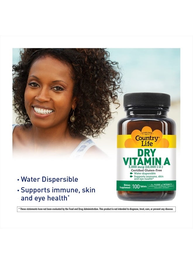 Country Life - Dry Vitamin A, Supports Immune, Skin & Eye Health, 10,000 IU, 100 Tablets, Certified Gluten Free, Certified Vegan, Certified Halal - Image 1