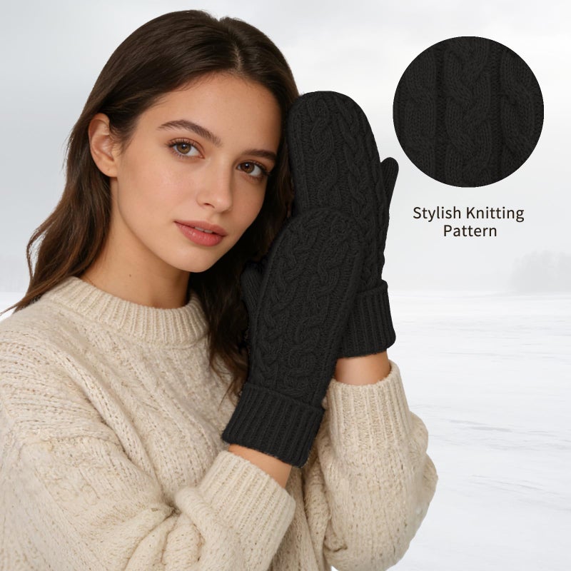 YUHAN PRETTY Winter Mittens for Women for Cold Weather Warm Fleece Lined Thermal Thick Wool Cable Knit Ladies Mittens Gloves(Black) - Image 4
