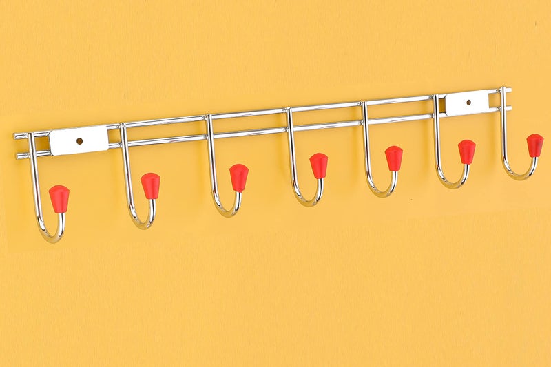 iSTAR Stainless Steel 7 Pin Bathroom Cloth Hooks Hanger Door Wall Bedroom Bathroom Corrosion-Free Anti Rust Robe Hooks Rail for Hanging Keys, Clothes, Towel Steel Hook (Pack of 1, Silver) - Image 1