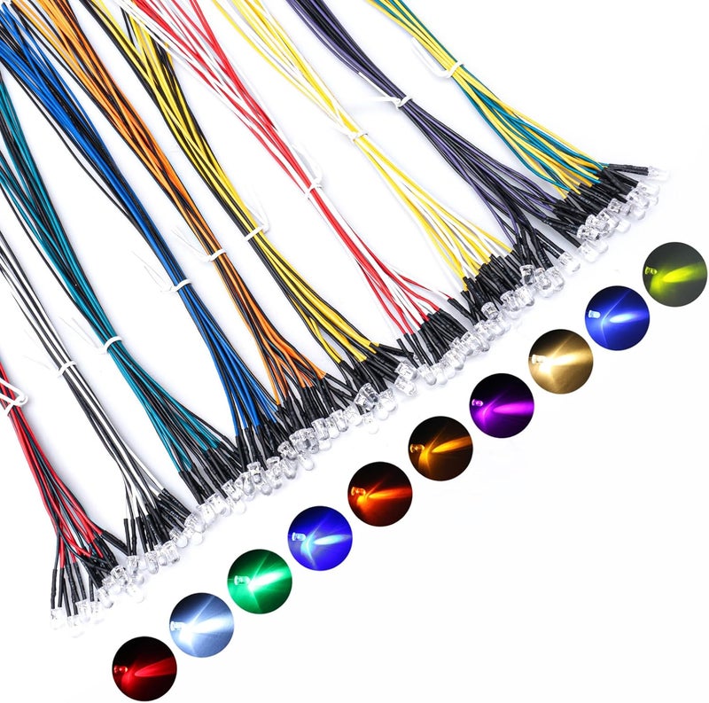 DiCUNO 100Pcs (10 Colors × 10Pcs) 5MM Pre Wired 12V LED Diodes, 9.4 Inch/24CM Ultra Bright Light Emitting Diodes Assorted Color Kit Box for Circuit Science Experiment, DIY Lighting Projects - Image 1