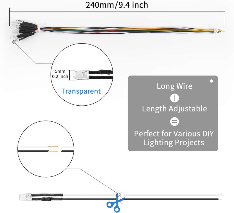 DiCUNO 100Pcs (10 Colors × 10Pcs) 5MM Pre Wired 12V LED Diodes, 9.4 Inch/24CM Ultra Bright Light Emitting Diodes Assorted Color Kit Box for Circuit Science Experiment, DIY Lighting Projects - Image 3