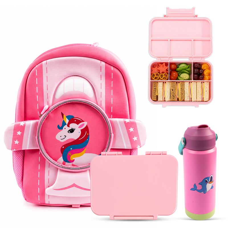 Cocobee Aeroplane Style Unicorn Printed Backpack for Girls – Pink + Insulated Stainless Steel Water Bottle 500ml + Tritan Leakproof Bento Lunch Box - Image 1