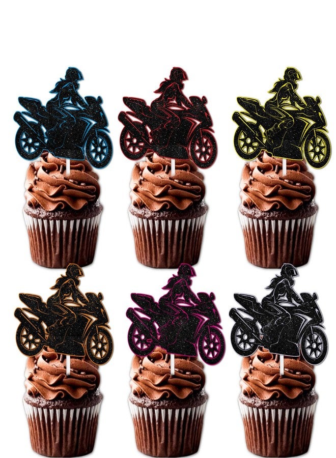 LETLIMIT 18pcs Glitter Race Motorcycle Girls Dessert Cupcake Topper Rider Racing Sport Let’s Crazy Theme Decor Supplies Women Lady Happy Birthday Party Decorations - Image 1