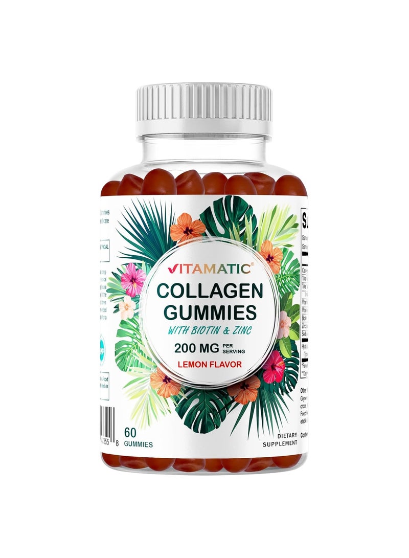 Vitamatic Hydrolyzed Collagen Gummies with Vitamin C, Zinc and Biotin, 200 mg - Healthy Skin Support - 60 Gummies - Image 1
