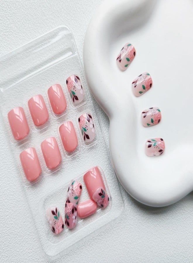 KKUUOO Fall Press on Nails Short Square Fake Nails Full Cover False Nails with Pink Flower Design Cute Acrylic Nails Glossy Stick on Nails Jelly Press on Nails for Women Girls 24 Pieces - Image 3