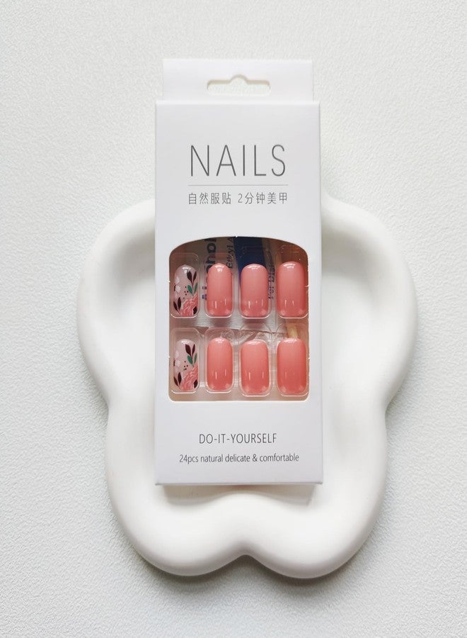 KKUUOO Fall Press on Nails Short Square Fake Nails Full Cover False Nails with Pink Flower Design Cute Acrylic Nails Glossy Stick on Nails Jelly Press on Nails for Women Girls 24 Pieces - Image 5
