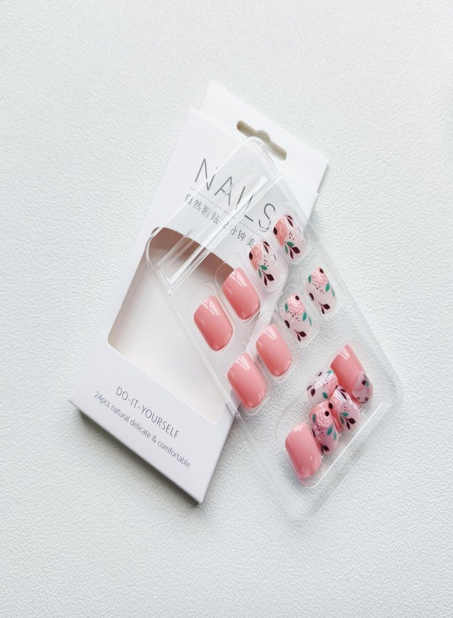 KKUUOO Fall Press on Nails Short Square Fake Nails Full Cover False Nails with Pink Flower Design Cute Acrylic Nails Glossy Stick on Nails Jelly Press on Nails for Women Girls 24 Pieces - Image 4
