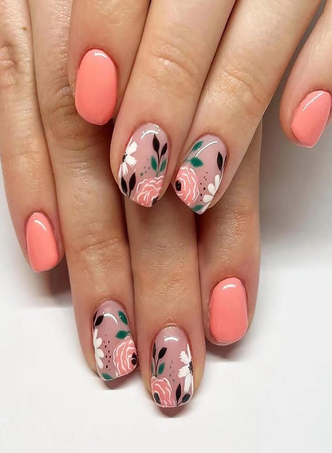 KKUUOO Fall Press on Nails Short Square Fake Nails Full Cover False Nails with Pink Flower Design Cute Acrylic Nails Glossy Stick on Nails Jelly Press on Nails for Women Girls 24 Pieces - Image 1