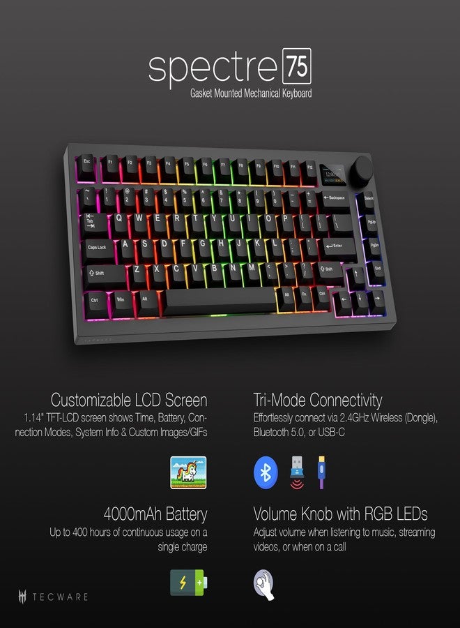 TECWARE Spectre 75% RGB Mechanical Gaming Keyboard with Customizable LCD Screen, Multi-Function Knob, Gasket Mount, South Face 5-Pin Universal Hot-Swappable Sockets Black Candy Red Switch - Image 2