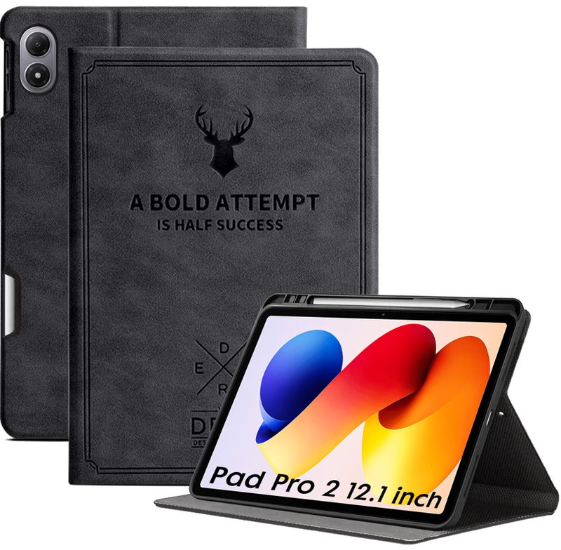 Robustrion Cover for Redmi Pad 2 Pro 12.1 inch Cover Case with Pencil Holder, Deer Flip Cover Case for Redmi Pad 2 Pro 5G Tablet Cover [Auto Sleep Wake Support] - Black - Image 1