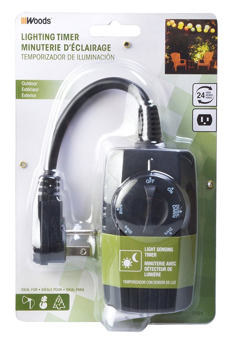 Woods 2001WD Outdoor UL Listed 24 Hour Dusk until Dawn Outlet w/Photocell Light Sensor, Settings for on, off, dusk till dawn, or on at dusk & 2, 4, 6, 8 hour countdown, 1 Grounded Outlet, 6" Cord - Image 2