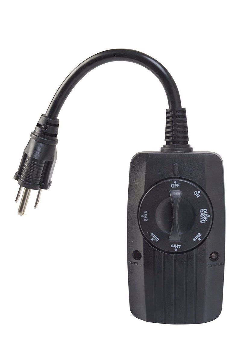 Woods 2001WD Outdoor UL Listed 24 Hour Dusk until Dawn Outlet w/Photocell Light Sensor, Settings for on, off, dusk till dawn, or on at dusk & 2, 4, 6, 8 hour countdown, 1 Grounded Outlet, 6" Cord - Image 1