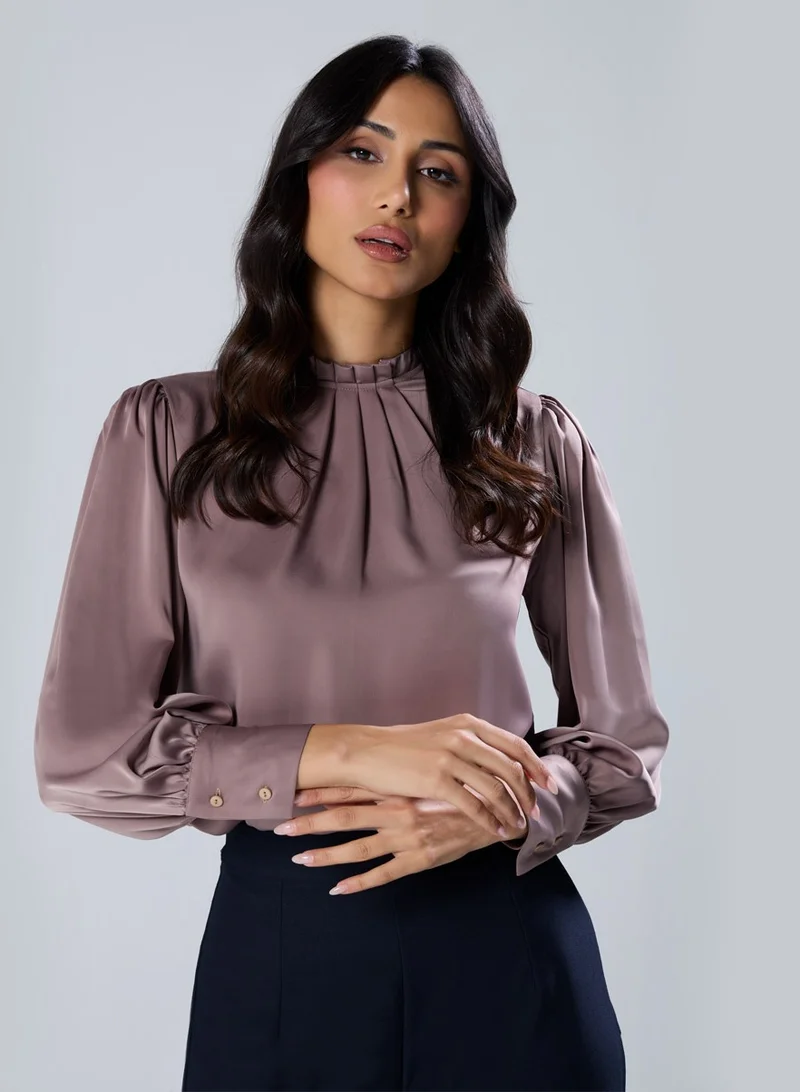 Zigzag Neck Pleated Long Sleeve Brown Top