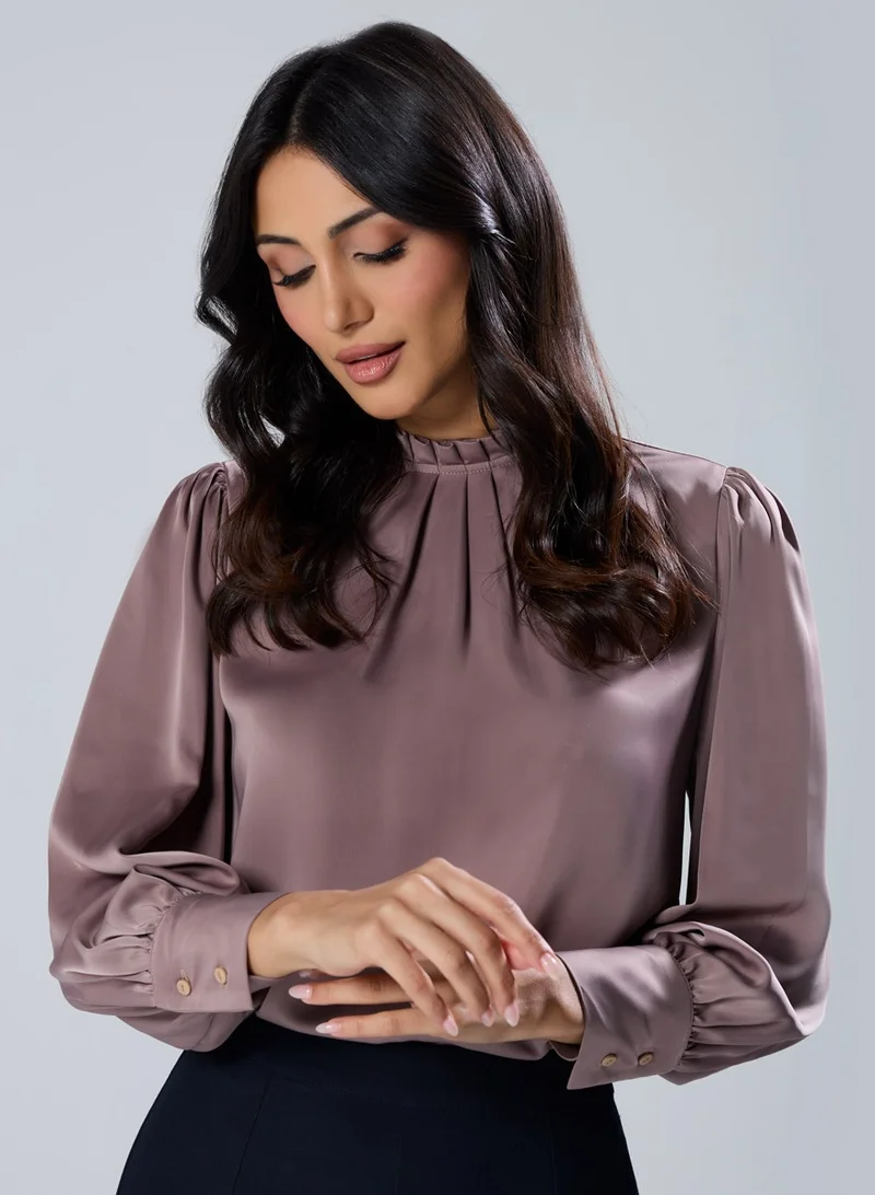 Zigzag Neck Pleated Long Sleeve Brown Top