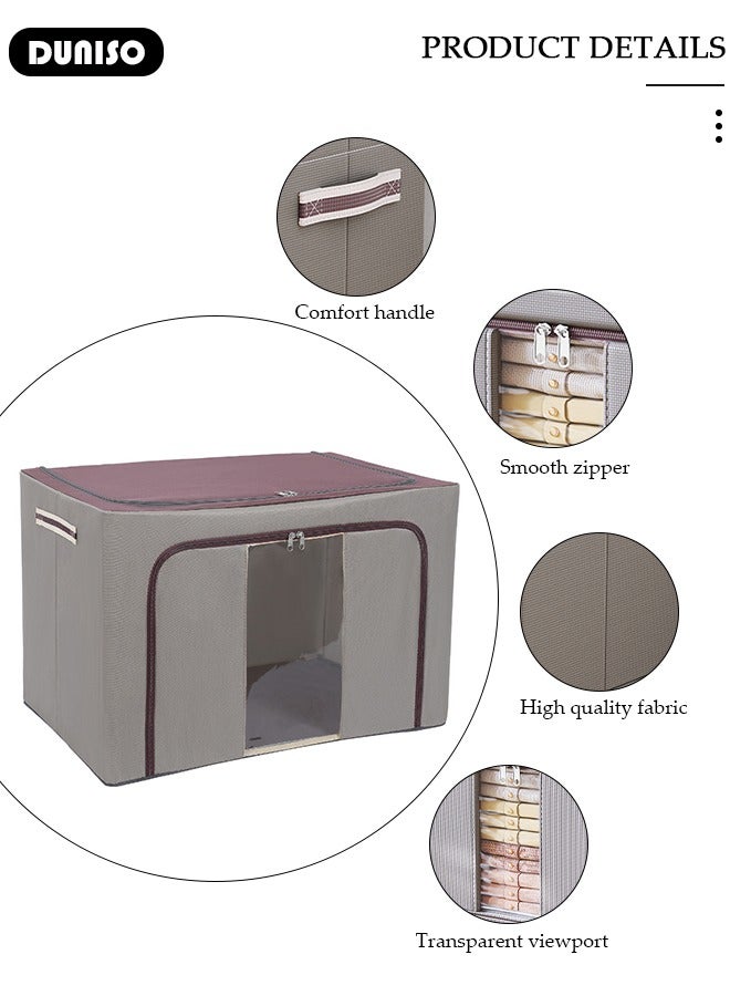 DUNISO 2 Pack Clothes Storage Bag,  66L Foldable Steel Frame Closet Organizers Storage Containers,Large Storage Bins with durable handles for Comforters, Blankets, Bedding,Toys, Books, Foldable with Sturdy Zipper, Gray  - Image 2
