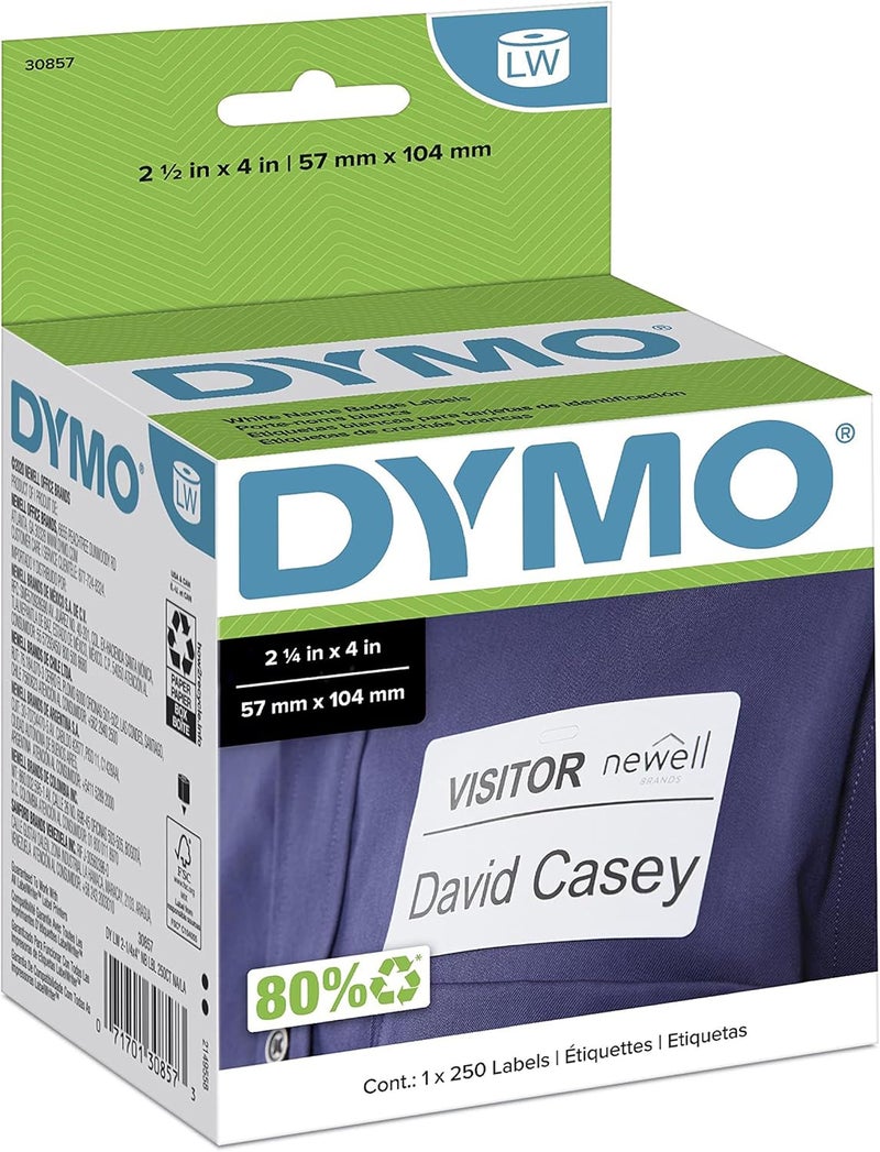 Dymo Authentic LW Name Badge Labels Labels for LabelWriter Printers White 2-1/4" x 4" 1 Roll of 250 - Image 1