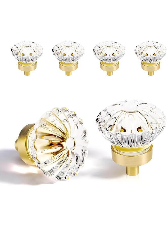 S-TOP Crystal Cabinet Knobs, 4 PCS Brushed Gold Glass Flower Small Pulls, Vintage Retro Drawer Handles for Dresser Wardrobe, Decorative Clear Floral Hardware for Kitchen Cupboard and Closet - Image 1