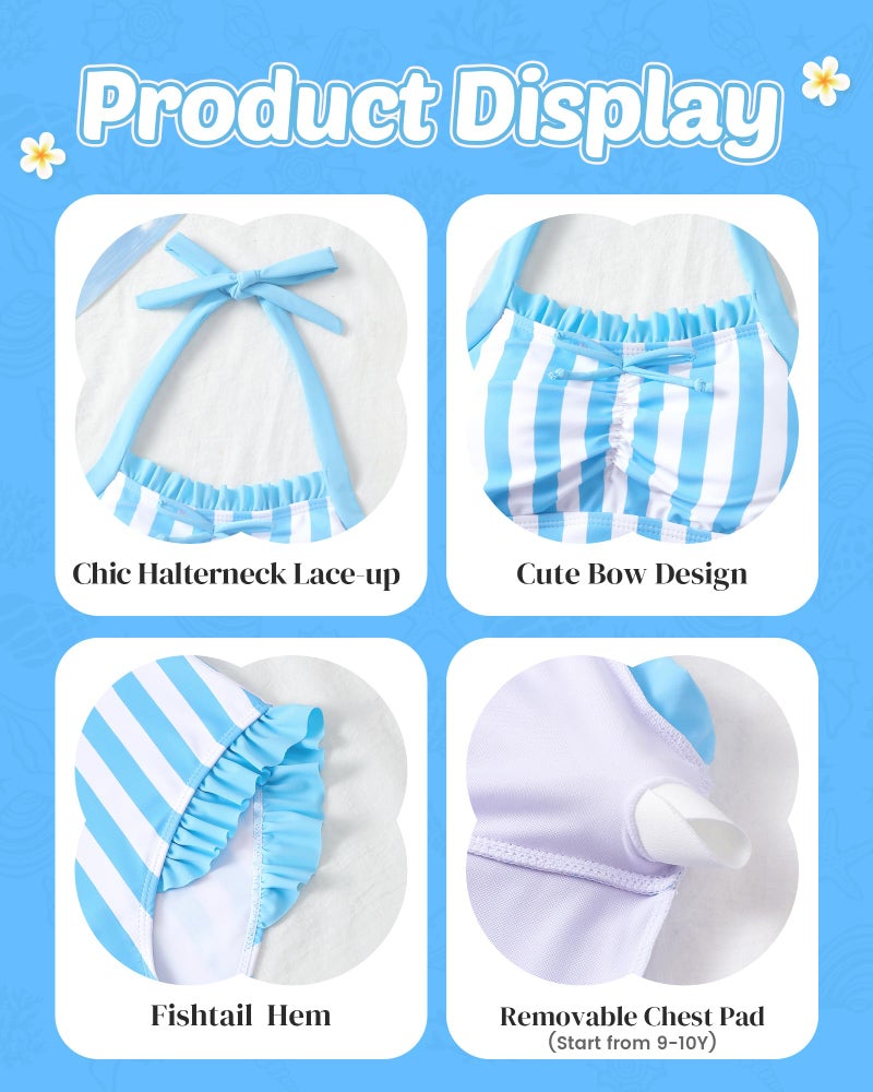 Mioglrie Girls Bathing Suits One Piece Kids Swimsuit Size 13 14 Cute Beach Crossback Neckband Swim Suit Summer Blue Straps Swimsuits for Teens Girls' Swimwear - Image 4