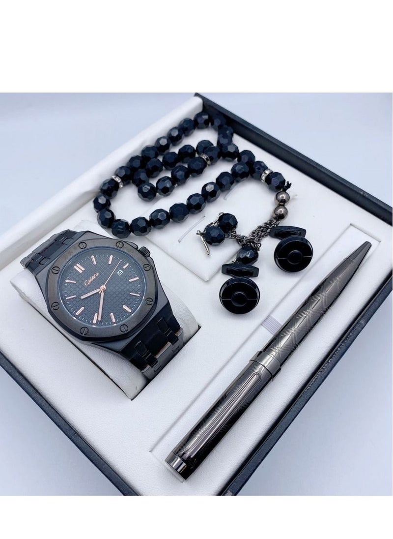 Catery - A high-quality, elegant men's watch gift set from Catery, a Black bracelet and a Black dial with the date display - Image 1