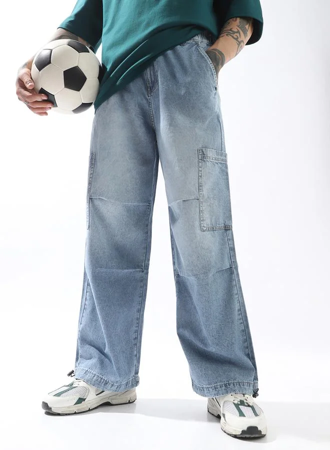 هوبرهولمي جينز باراشوت رجالي مريح بقصة واسعة وخصر متوسط بتلاشي ثقيل