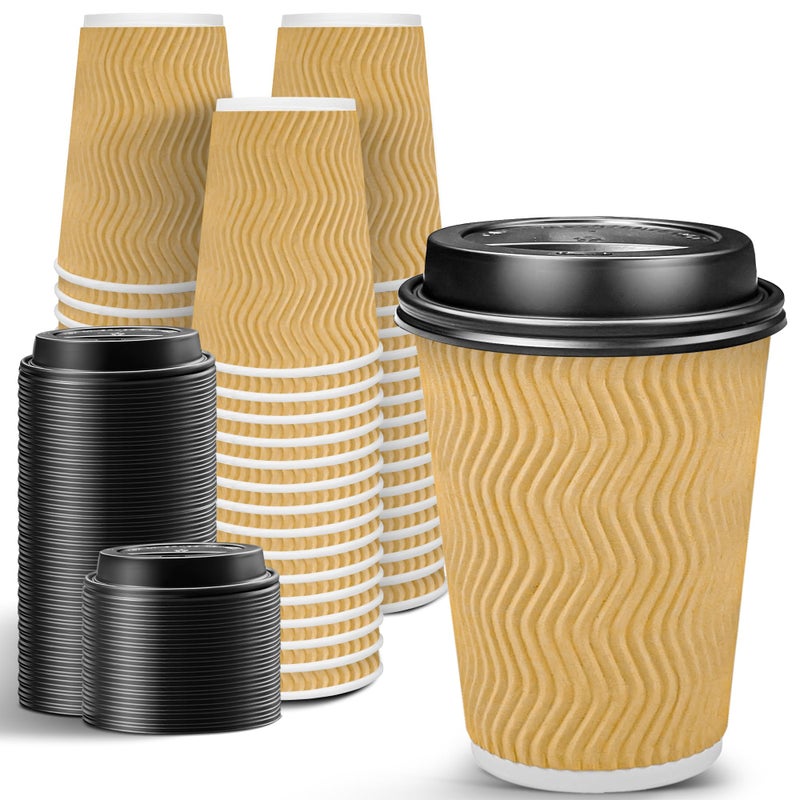 Ginkgo 100 Pack Disposable Coffee Cups with Lids 12oz Insulated Ripple Wall To Go Paper Hot Cups  Beige