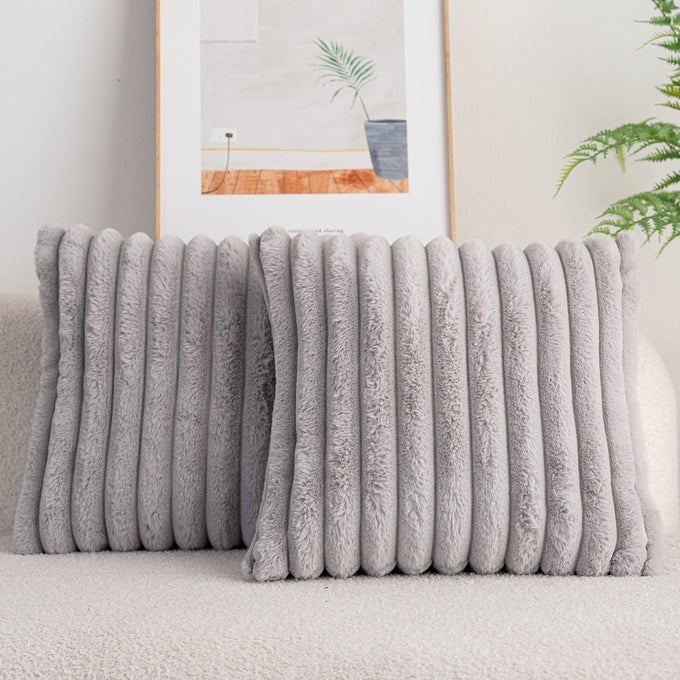 PACK OF 2DOUBLESIDED FAUX FUR PLUSH DECORATIVE THROW PILLOW COVERS FUZZY STRIPED SOFT PILLOWCASE CUSHION COVERS FOR SOFA COUCH BEDROOM LIGHTGREY 16X16 INCH
