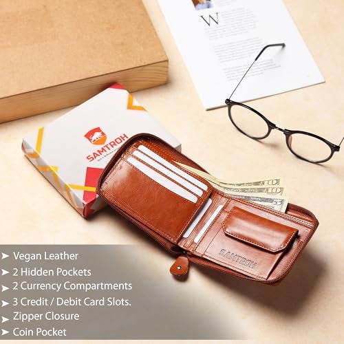 SAMTROH Denim Solid Zipper Round Chain Vegan Leather Wallet for Men & Women I 3 Card Slots I 2 Currency & 2 Secret Compartments I 1 Coin Pocket (Tan) - Image 3