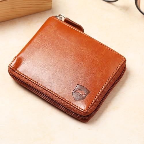 SAMTROH Denim Solid Zipper Round Chain Vegan Leather Wallet for Men & Women I 3 Card Slots I 2 Currency & 2 Secret Compartments I 1 Coin Pocket (Tan) - Image 2