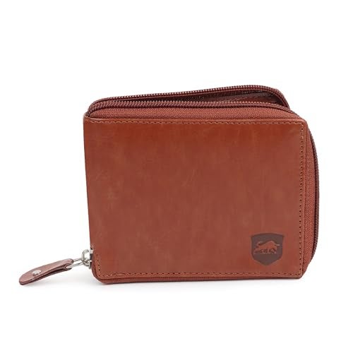 SAMTROH Denim Solid Zipper Round Chain Vegan Leather Wallet for Men & Women I 3 Card Slots I 2 Currency & 2 Secret Compartments I 1 Coin Pocket (Tan) - Image 1