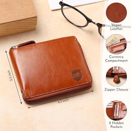 SAMTROH Denim Solid Zipper Round Chain Vegan Leather Wallet for Men & Women I 3 Card Slots I 2 Currency & 2 Secret Compartments I 1 Coin Pocket (Tan) - Image 4