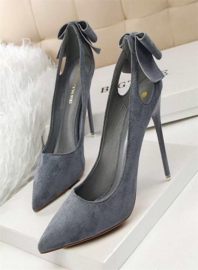 BIGTREE Pointed Hollow Bow High Heels 10.5CM Grey