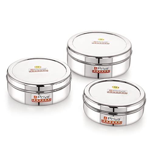 Priya Stainless Steel Flat Canisters/Puri Dabba/Storage Containers – Set of 3 (No.10 to No.12, 900ml, 1100ml, 1650ml), Airtight, Rust-Resistant, Durable Kitchen Storage Jars – Silver - Image 1