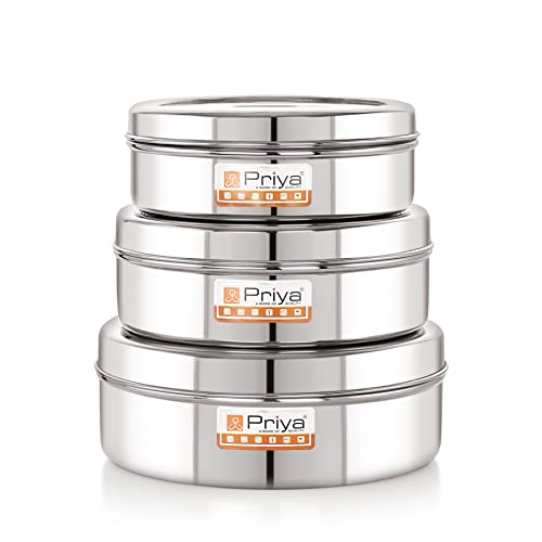 Priya Stainless Steel Flat Canisters/Puri Dabba/Storage Containers – Set of 3 (No.10 to No.12, 900ml, 1100ml, 1650ml), Airtight, Rust-Resistant, Durable Kitchen Storage Jars – Silver - Image 2