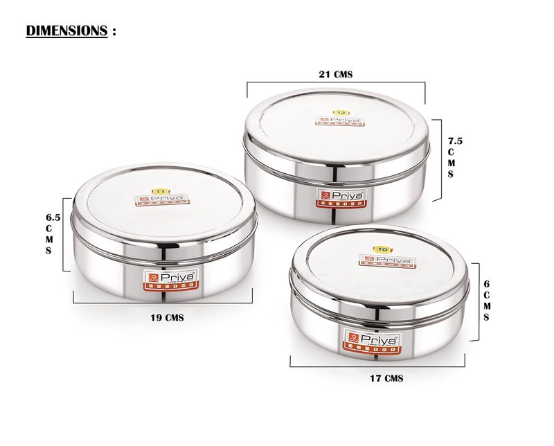 Priya Stainless Steel Flat Canisters/Puri Dabba/Storage Containers – Set of 3 (No.10 to No.12, 900ml, 1100ml, 1650ml), Airtight, Rust-Resistant, Durable Kitchen Storage Jars – Silver - Image 3