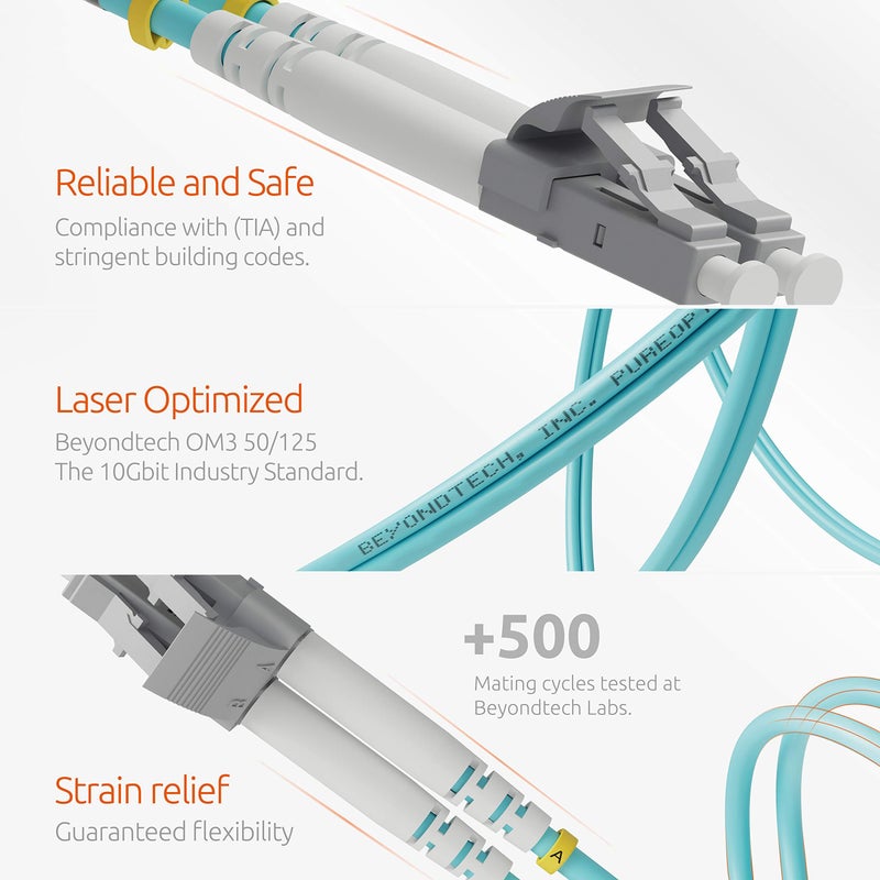 BEYONDTECH LC to LC Fiber Patch Cable Multimode Duplex - 1m (3ft) - 50/125um OM3 10G LSZH PureOptics Cable Series - Image 3
