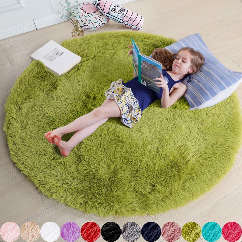Grass Green Round Rugs 5Ft for Bedroom Fluffy Shaggy Circle Area Rugs for Kids Playroom Baby Nursery Cozy Cool Living Room Decor Aesthetic Cute Fuzzy Furry Plush Carpet for Teen Girls Boys Toddler