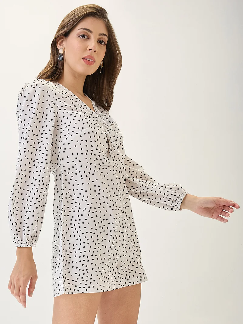 globus Globus Women V-Neck Bishop Sleeves Twisted Detail Bishop Sleeves Polka-Dot Playsuit