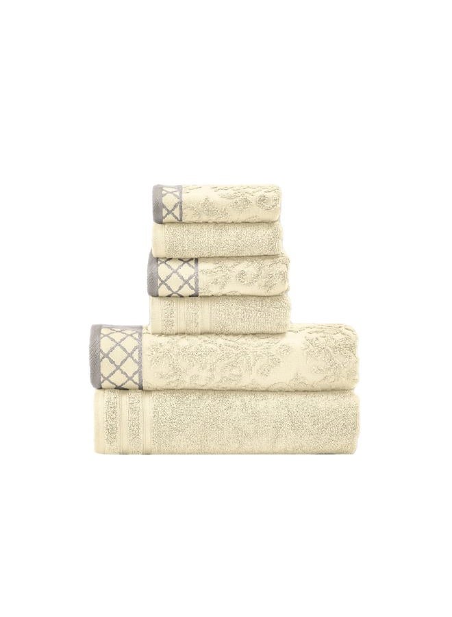 Modern Threads 6-Piece Damask Jacquard/Solid Ultra Soft 550GSM 100% Combed Cotton Towel Set with Embellished Borders [Ivory] - Image 1