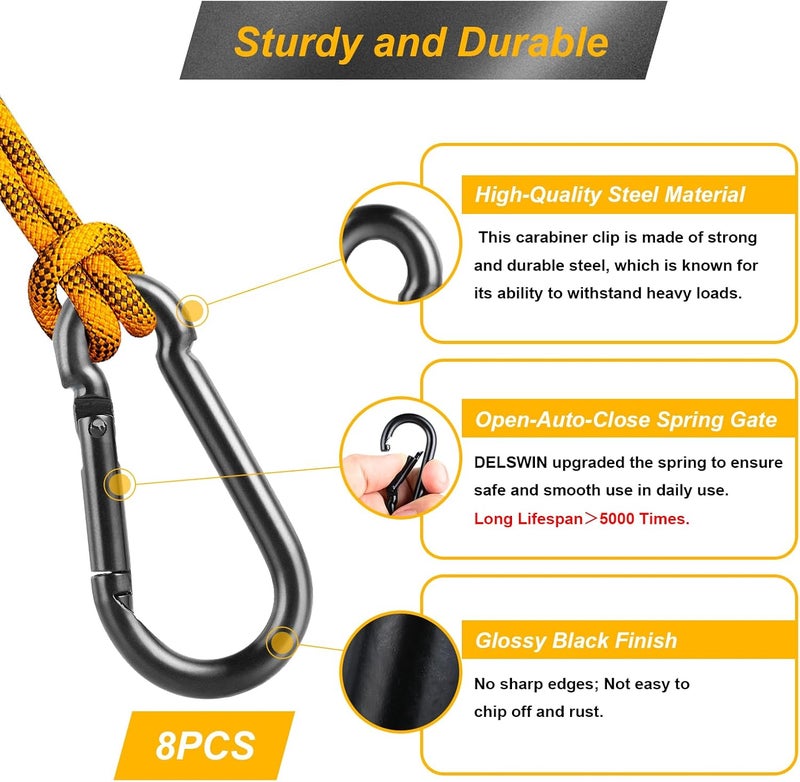 DELSWIN 8 Pcs Carabiner Clip Spring Snap Hook - M6 2.36 Inch Heavy Duty Snap Hooks Quick Link for Hiking Camping Fishing Swing Hammock, 270lbs Capacity - Image 3