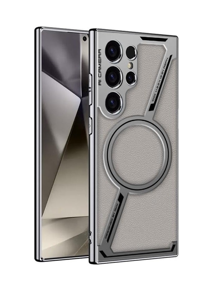 general Case Compatible with Samsung Galaxy S24 Ultra Case, Magnetic Z Shape Case Plain Leather Electroplated TPU Frame Shockproof Protective Cover Support Wireless Charging - Image 1