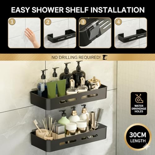 MorivaHomes Self Adhesive Bathroom Shelf for Wall Shelf Organizer Wall Mounted Bathroom Shelves Rack Holder Stand for Bathroom Accessories Organiser Without Drill (Black, Pack of 2) - Image 3