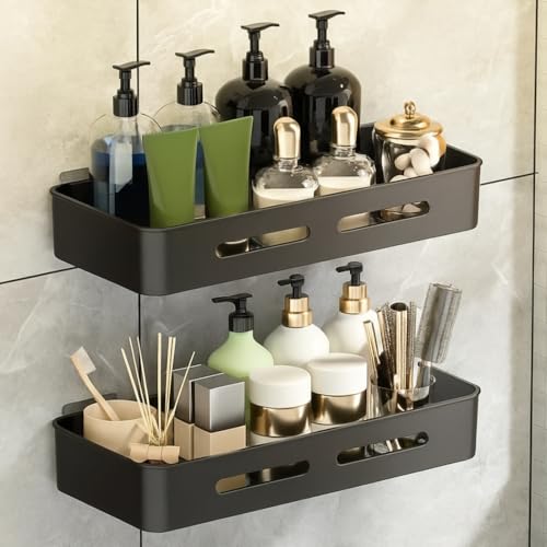 MorivaHomes Self Adhesive Bathroom Shelf for Wall Shelf Organizer Wall Mounted Bathroom Shelves Rack Holder Stand for Bathroom Accessories Organiser Without Drill (Black, Pack of 2) - Image 1